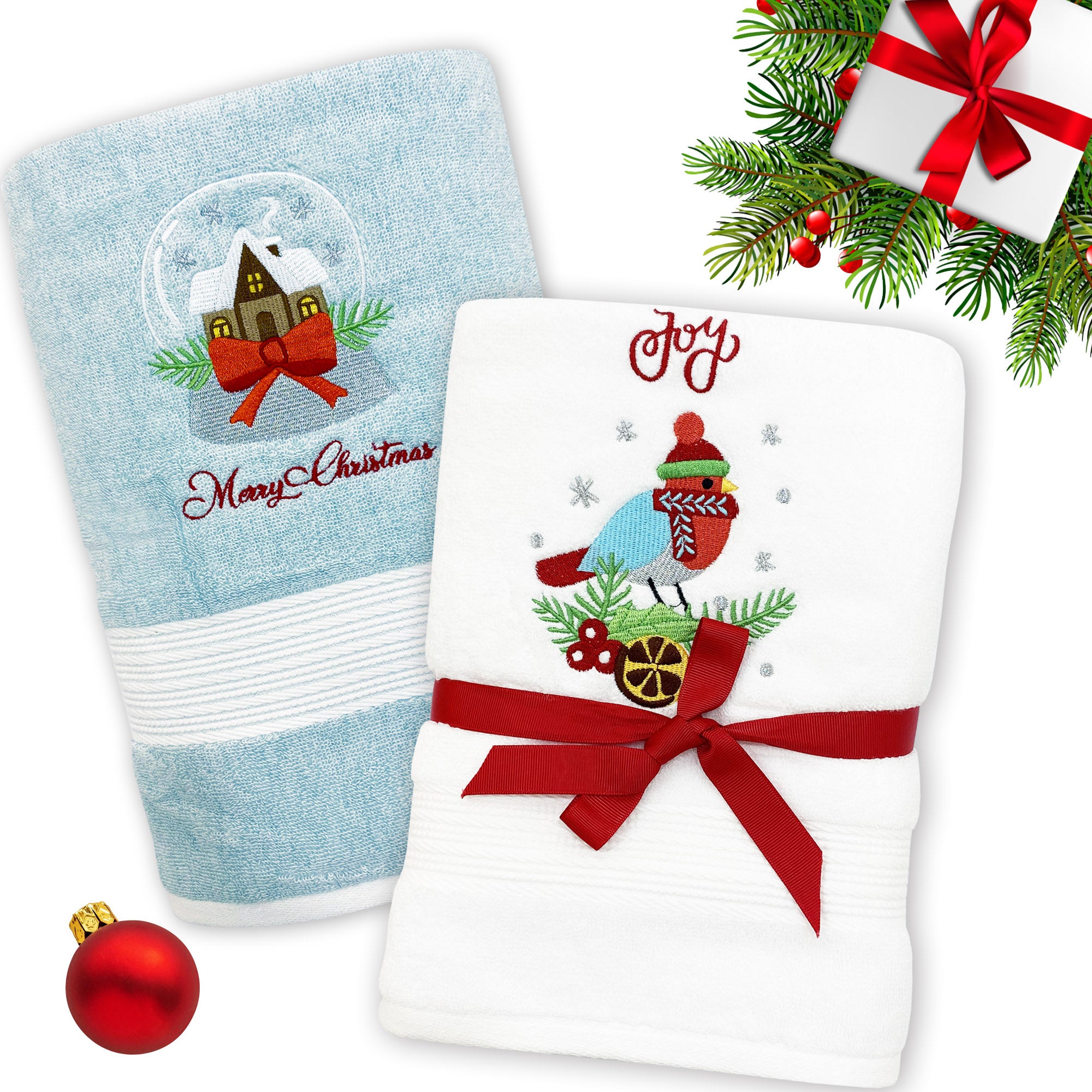 Holiday Ribbon Embroidered Merry Christmas Bath Towel Set